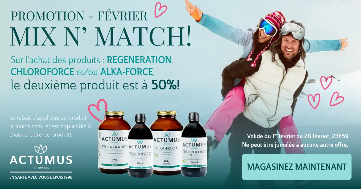 Ce mois-ci, à l’achat des produits REGENERATION, CHLOROFORCE et/ou ALKA-FORCE, le deuxième produit est à 50 % !