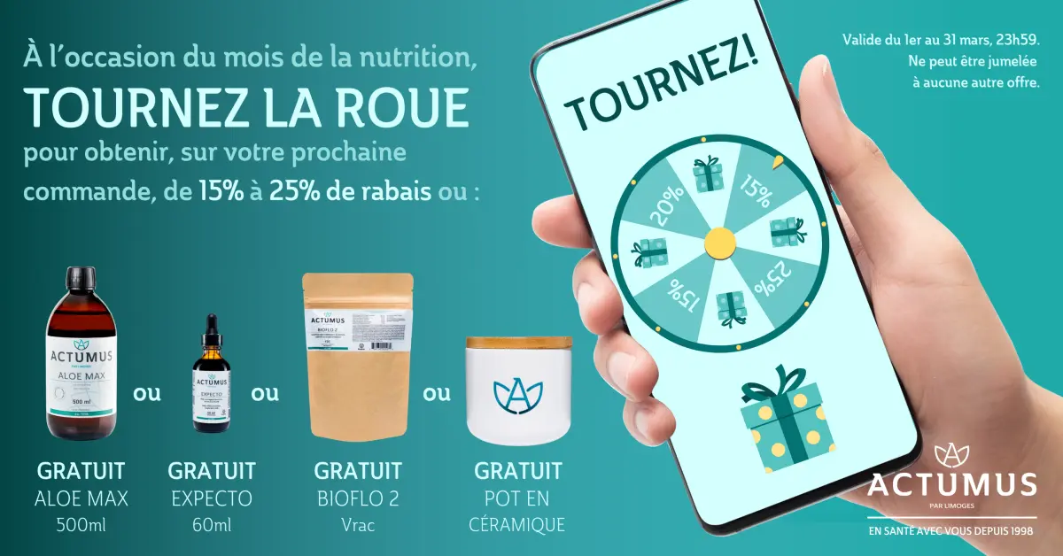 À l’occasion du mois de la nutrition, tournez la roue pour recevoir un rabais ou un cadeau gratuit avec votre prochaine commande.