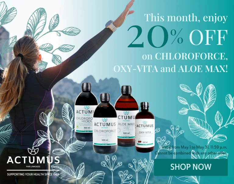 This month, enjoy 20% off our liquids: Chloroforce, Chloroforce + Kool, Aloe Max, and Oxy-Vita!