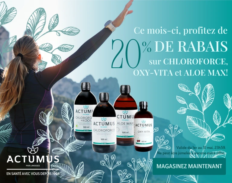 Ce mois-ci, profitez de 20 % de rabais sur nos liquides : Chloroforce, Chloroforce+Kool, Aloe Max et Oxy-Vita!