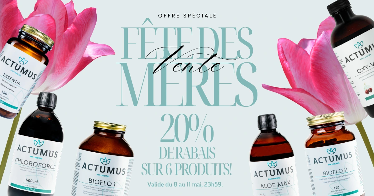 Pour la Fête des Mères, profitez de 20 % de rabais sur 6 produits : Oxy-Vita, Aloe Max, Chloroforce, Bioflo 1, Bioflo 2 et Essentia !