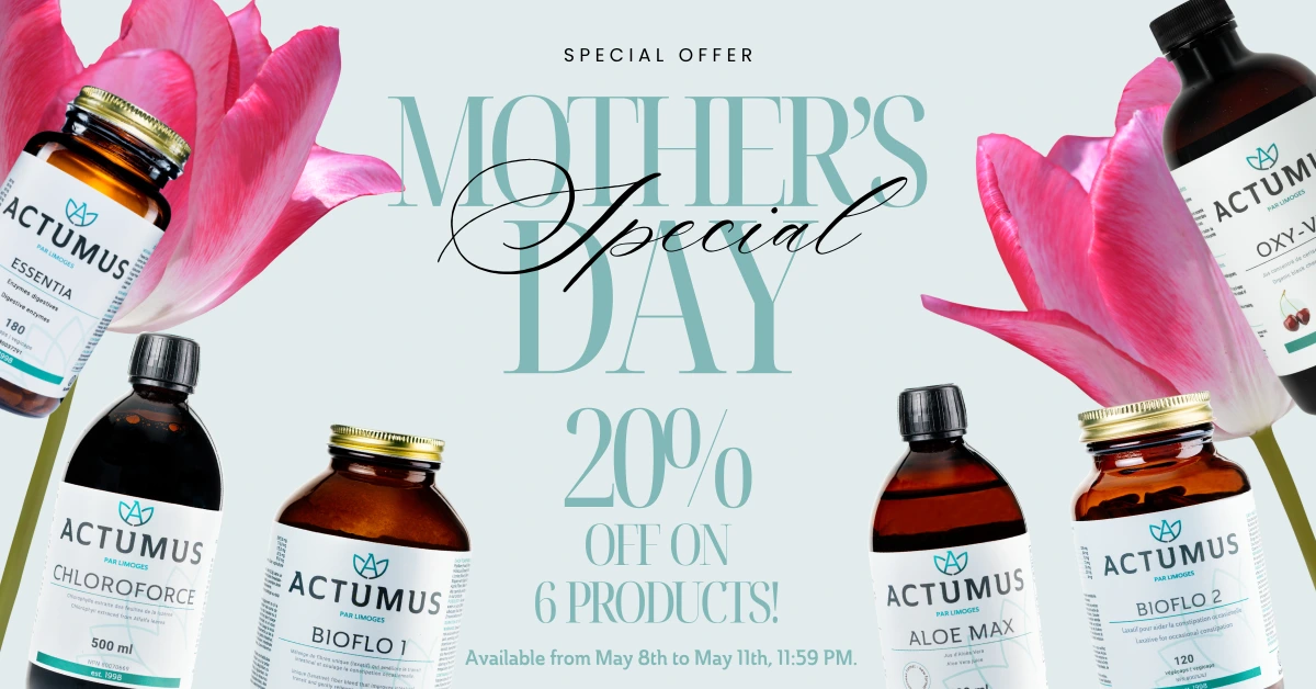 For Mother’s Day, enjoy 20% off 6 products: Oxy-Vita, Aloe Max, Chloroforce, Bioflo 1, Bioflo 2, and Essentia!