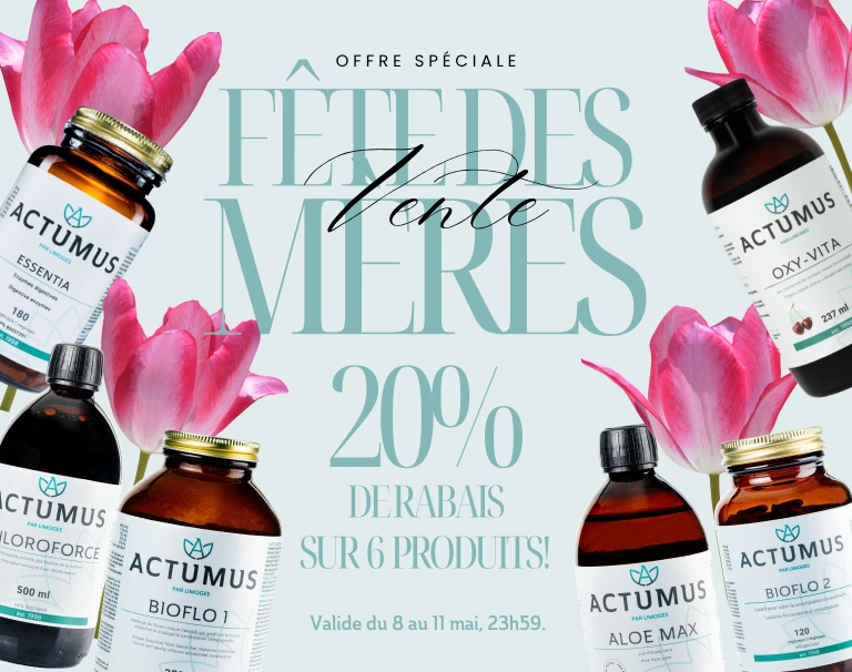 Pour la Fête des Mères, profitez de 20 % de rabais sur 6 produits : Oxy-Vita, Aloe Max, Chloroforce, Bioflo 1, Bioflo 2 et Essentia !